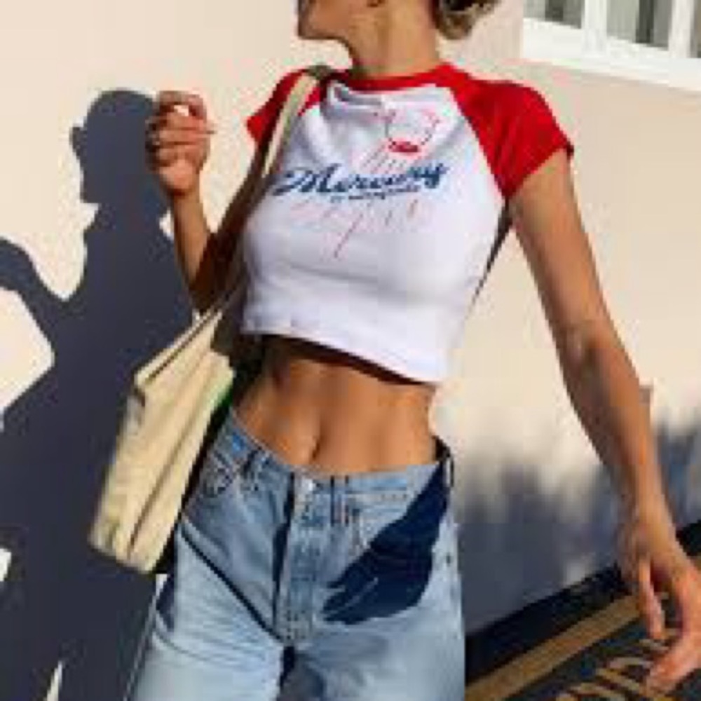 Trendy Red and White Graphic Crop Top